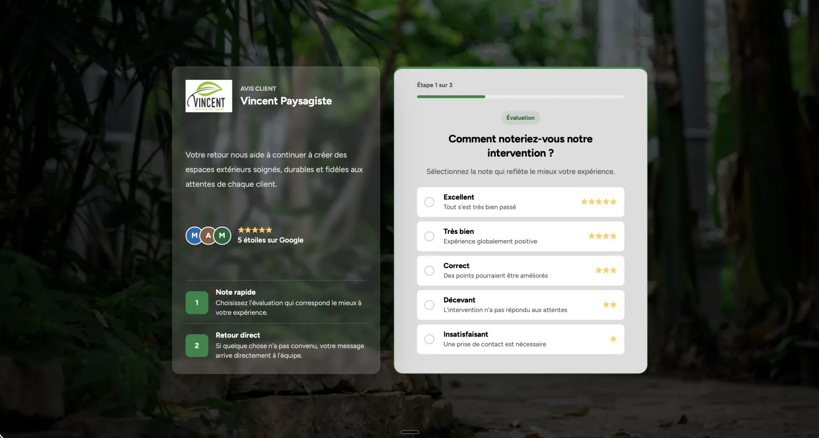 Interface de collecte d'avis clients pour Vincent Paysagiste avec cinq niveaux de satisfaction